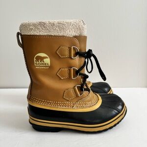 SOREL Caribou yoot pac Winter waterproof sherpa line lace up brown boots youth 2